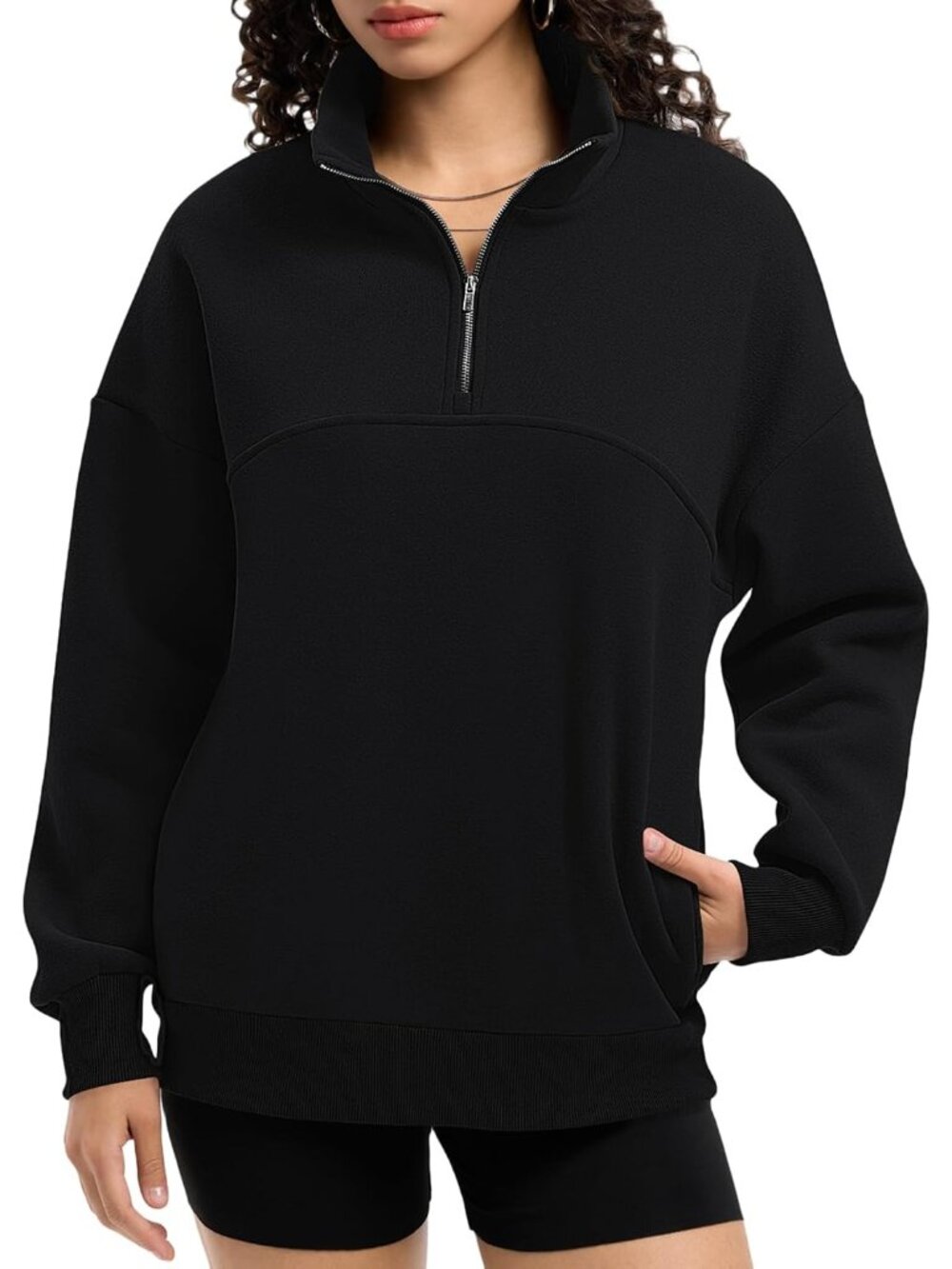🆕Women's Dark Black Fleece Quarter Zipper Pullover Oversized Half Zip Hoodie